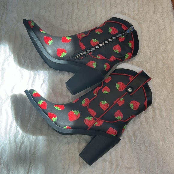 DOLLS KILL X STRAWBERRY SHORTCAKE Black Red Strawberry Heeled western Boots 10 - Picture 10 of 10